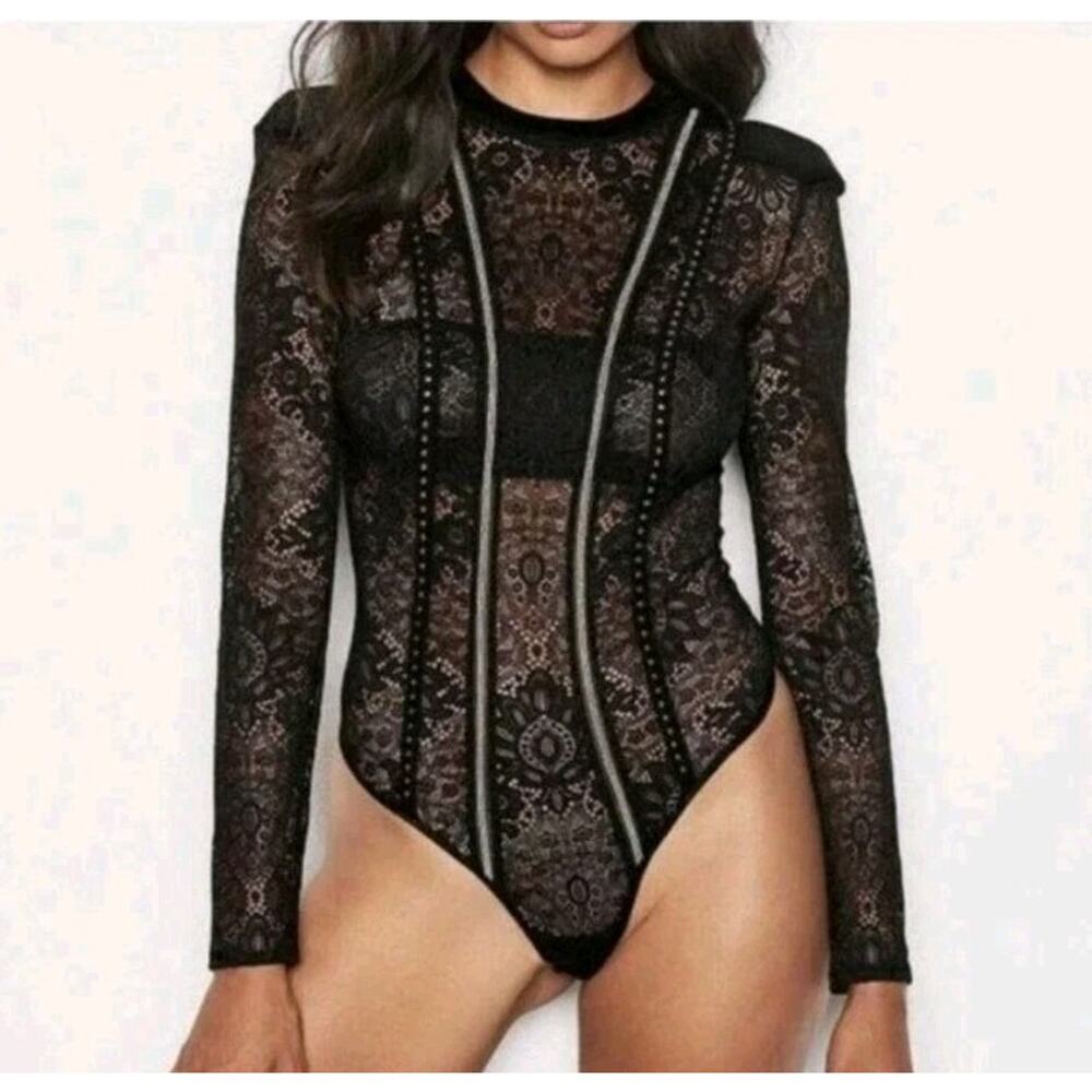 Victoria’s Secret Sheer Lace Mesh Bodysuit Snap‎ Crotch Lingerie M